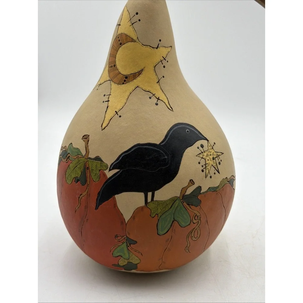 Primitive Hand Painted OOAK By Folk Artist Fall Gourd Crow Pumpkins